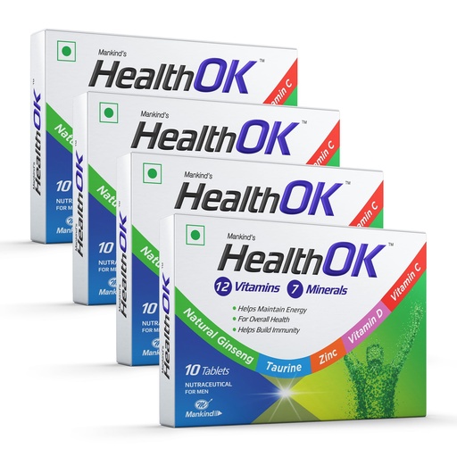 [BRSRMAAHCMBAG2YU] Health Ok Mankind's Multivitamin with Natural Ginseng & Taurine Power; Lemon Flavour,100% Vegetarian (4 x 10 tablets), 200 grams