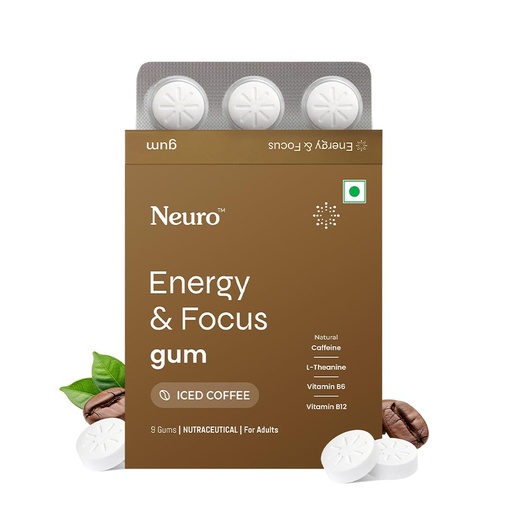 [BRSRGHTRCUJWEFI3] Neuro Energy & Focus Gum - Iced Coffee | Quick Energy Boost & Enhanced Focus | Natural Caffeine + 60 mg L-Theanine + Vitamin B6 & B12 | No Added Sugar | Aspartame Free | 45 Gums