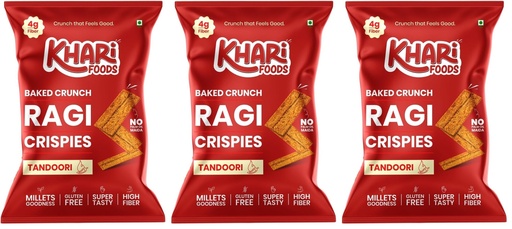 [BRSRYZAOPJ7GEDL5] Khari Foods Ragi Crispies 50g, Tandoori Flavoured Chips, No Palm Oil, No Maida, Millet Goodness, Fibre Rich, Zero Cholestrol, Gluten Free Vegan Snacks (Pack of 3)