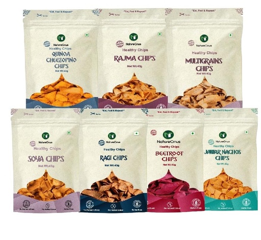 [BRSRGBDRBMBQMETF] NatureOnus High Protein Chips Combo Pack of 7 (301g) | 7 Snacks Pack x 43g | Ragi, Beetroot, Multigrain, Jowar, Quinoa, Soya & Rajma Chips | Gluten-Free, No Maida, No Preservatives, No Palm Oil, High Protein Chips (43g x 7 Packs)