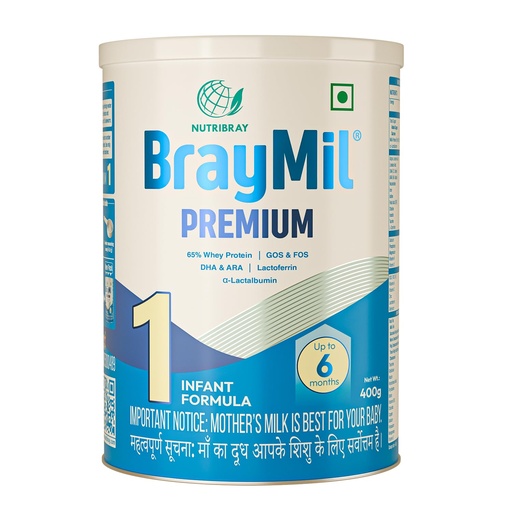 [BRSREBQPBEJQEG3L] Braymil Premium 1 Infant Formula |65% Whey Protein|GOS & FOS, DHA & ARA| Lactoferrin & α - Lactalbumin | for 0 to 6 Months baby | Tin pack 400 gm