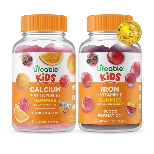 [BRSW2HAFOQBAAGT6] Lifeable Calcium with Vitamin D Kids + Iron & Vitamin C Kids, Gummies Bundle - Great Tasting, Vitamin Supplement, Gluten Free, GMO Free, Chewable Gummy