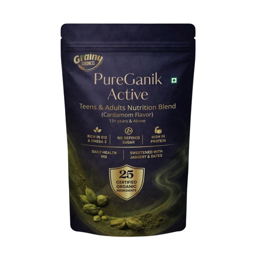 [BRSRYFDROYBQYCLG] PureGanik Active Teens & Adult | 25 Organic Ingredients | Cardamom Flavor Nutrition Powder | No Refined Sugar | High Protein | Daily Nutrition | Easy to Digest | 400 gm