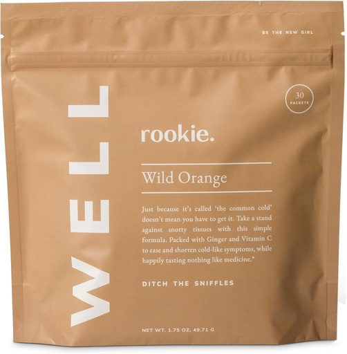 [BRSW2AI2AAPB42DV] Rookie Wellness Well – Vegan Immune Support Packets with 1000 mg of Vitamin C, 14 mg of Vitamin E, and Ginger in a Natural Citrus Flavor - Sugar and Filler Free (30 Servings, Wild Orange)