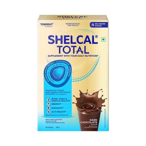 [BRSREYADO4IR6D3B] Shelcal Total - Powered by Protein, Multi-Vitamin, Multi-Mineral & Prebiotic supports Bone, Joint & Muscle, Immunity, Gut Health, No Added Sugar (Dark Chocolate) 400g - By Torrent Pharma, Powder