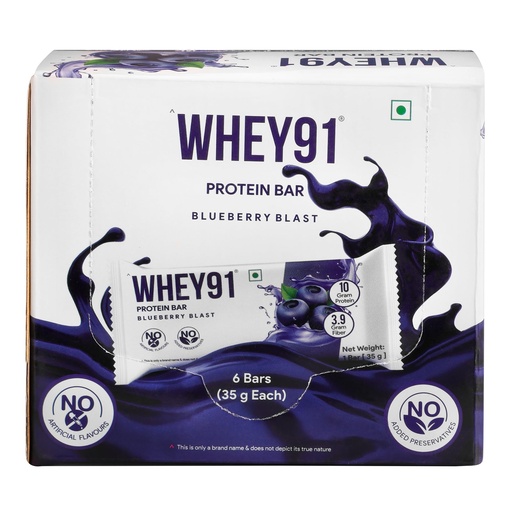 [BRSRGAYQO4IGMADG] Whey91 Blueberry Blast Protein Bar, 10g Protein & 3.9g Fiber in each, No Added Preservatives, No Artificial Flavours, 210g- (Pack of 6)