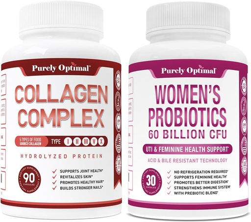 [BRSROBQKOIARQDT6] Purely Optimal Premium Multi Collagen Peptides Capsules (Types I, II, III, V, X) + Premium Probiotics for Women - 60 Billion CFU, Dr. Formulated Prebiotics & Probiotics for Women