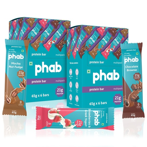 [BRSW2ZD2BZ5QAA3F] Phab Assorted Protein Bar with 21g Protein, 8g High Fibre & 0 Added Sugar 100% Vegetarian | Healthy & Tasty Protein bars | Trans Fat-Free & No Preservatives Protein bars (Pack of 12 x 65g)