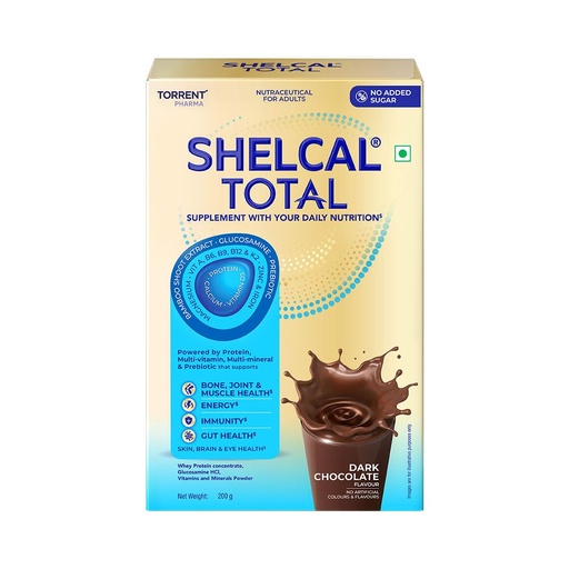 [BRSREEDRDN4AAC3Z] Shelcal Total - Powered by Protein, Multi-Vitamin, Multi-Mineral & Prebiotic supports Bone, Joint & Muscle, Immunity, Gut Health and more - No Added Sugar (Dark Chocolate) 200g - By Torrent Pharma