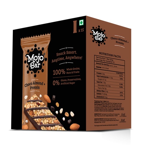 [BRSWGFATOYFQKDLV] Mojo Bar Energy Bars Choco Almond & Protein | 100% Whole Grains, Nut & Fruit | High Energy & Granola Bars | 5g Protein Snack | Pack of 15 x 32g Energy Bars | Gluten Free & No Preservatives