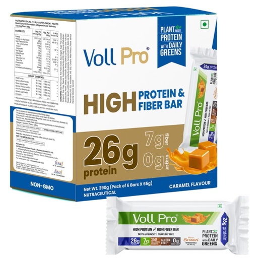 [BRSROC33DIIQYYL3] Voll Pro Plant Protein Bar with Daily Greens - High Protein 26g, Fiber 7g, 0g Sugar - Crunchy, Delicious Nutrient-Rich Protein Bars, 65g (Pack of 6)