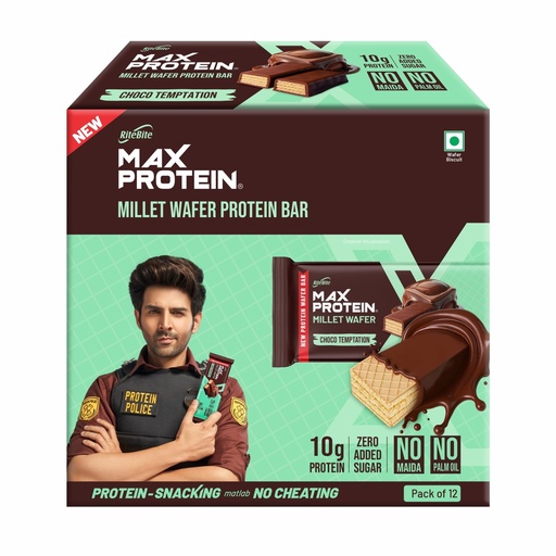 [BRSREBAOPMBAI3DV] RiteBite Max Protein Choco Temptation 10g Protein Millet Wafer Bars (Pack of 12), No Maida, No Palm Oil, Zero Added Sugar, Crunchy Wafer Snack, 480g
