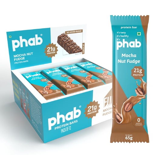 [BRSW2ZD2CNYRACDP] Phab Mocha Nut Fudge Protein Bar with 21g Protein, 8g High Fibre & 0 Added Sugar 100% Vegetarian | Healthy & Tasty Protein bars | Trans Fat-Free & No Preservatives Protein bars (Pack of 12 x 65g)