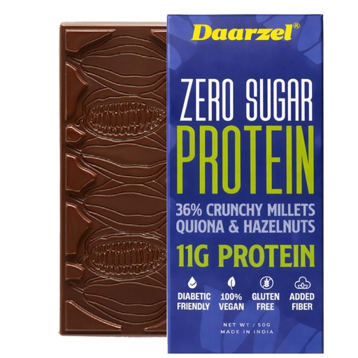 [BRSWYGILBUIWCELX] Ambriona Daarzel Sugarfree 36% Dark Chocolate | Zero Sugar Protein Bar with Millets, Quinoa & Hazelnuts | 11g Protein | Vegan, Gluten Free | Allulose Sweetened | No Preservatives | 50g