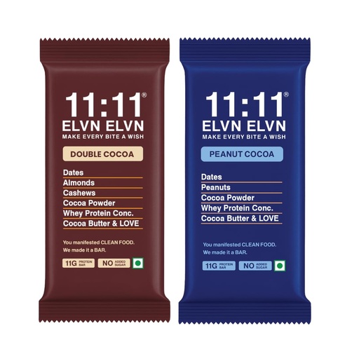 [BRSRY2T6A4FGA3LK] 11:11 ELVN ELVN Double Cocoa & Peanut Cocoa Protein Bar Combo (Pack of 4) | 11g Protein Per Bar | Sweetened with Dates | No Refined Sugar | High Protein Snack | 100% Natural