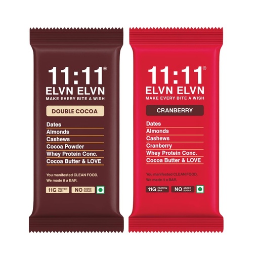 [BRSRY2T7DIHAAAA2] 11:11 ELVN ELVN Double Cocoa & Cranberry Protein Bar Combo (Pack of 4) | 11g Protein Per Bar | Sweetened with Dates | High Protein Snack | 100% Natural