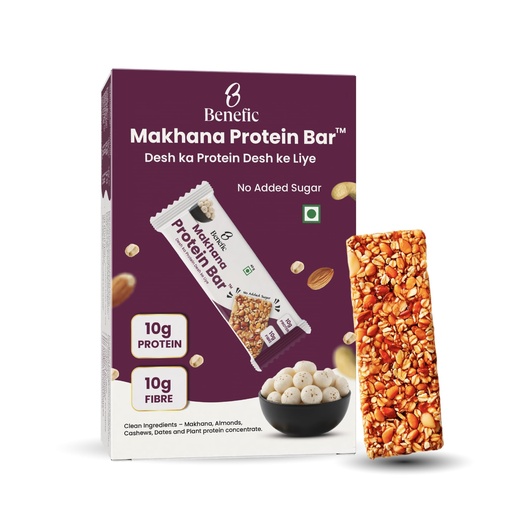 [BRSREBQ7BV4AOETD] Benefic Makhana Protein Bar 40g Each (Pack of 10) | 10g Protein & 10g Fibre| Roasted Makhana Bar | No Refined Sugar, Gluten Free, Vegan | High Plant Protein Snack for Gym, Office & Travel |
