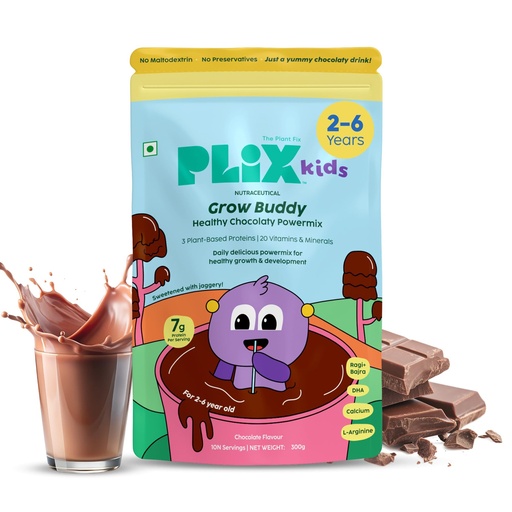 [BRSRE2YYAEDQ2GTA] PLIX™ Kids GrowBuddy Chocolaty Powermix | 7g Protein | 20 Vitamins & Minerals | Ragi & Bajra | Supports Overall Health & Development | Healthier Growth & Stronger Bones | Best Protein Powder for Kids | Chocolate Flavour | 2+ Years (Pack of 1)