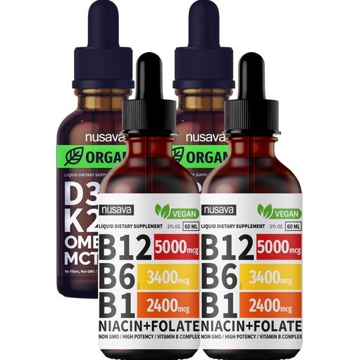 [BRSROAQ2OUORSE37] NUSAVA Vitamin B12 Liquid Drops and Unflavored D3 K2 Bundle — Daily Wellness Liquid Vitamins for Energy & Immune Support — Non-GMO, Gluten-Free, 2pk Each