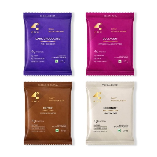 [BRSRGCD5CUHQMDYV] 4 Degrees of U Women’s Wellness Protein Bar Trial Pack | 4 Mini Bars (20g each) (Dark Chocolate, Collagen, Coconut, Coffee) | 4g Protein with no added Sugar, 3g Fiber, Calcium & Vitamin D3