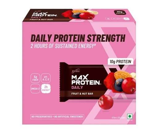 [BRSWYAABCAFREAYY] RiteBite Max Protein Daily Fruit & Nut 10g Protein Bars [Pack of 6] Protein Blend, Fiber, Vitamins A,C,E, No Preservatives, 100% Veg, For Energy, Fitness & Immunity - 300g
