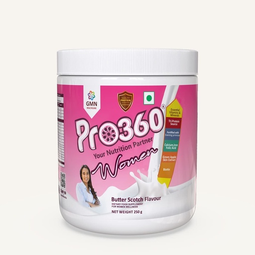 [BRSWGFIPBUNAMFI6] Pro360 Women Protein Rich Nutritional Supplement Enriched with Calcium, Iron for Stronger Bones and Improved Haemoglobin – 25 Essential Nutrients with Evening Primrose – Butterscotch Flavor – 250G