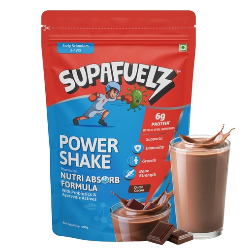 [BRSRACT6AUBQGGYY] Supafuelz Power Shake 3-7yr kids | Height & Strength Drink | 6g Protein, 33 Nutrients, Probiotics, Ayurvedic Actives | Nutrition Support for Growth, Focus & Immunity | Chocolate 400g | Safe Nutrition Drink For Kids