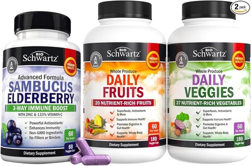 [BRSRAAAOBYPA2AI6] BioSchwartz Daily Fruits and Veggies Supplement for Women and Men (2 Month Supply) Plus Elderberry with Zinc and Vitamin C for Adults Immune Support (2 Month Supply)