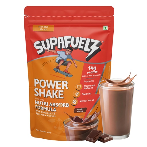 [BRSRABL2DMHQYA3V] Power Shake Teen Boys (13+ Yrs) | Height & Strength Drink | 14g Protein, 33 Nutrients, Probiotics, Ayurveda| Daily Nutrition support for Height, Strength & Focus | Chocolate 400g | Safe Nutrition Drink For Teens