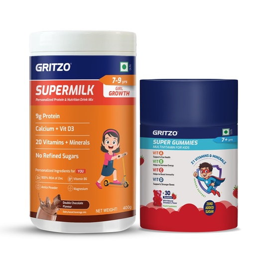 [BRSRYEAKAUHWGFLH] Gritzo Immunity Kit for 7-9 Years Girls | 9g Protein with 20 Vitamins & Minerals | Daily Nutrition with SuperMilk & Multivitamin Gummies