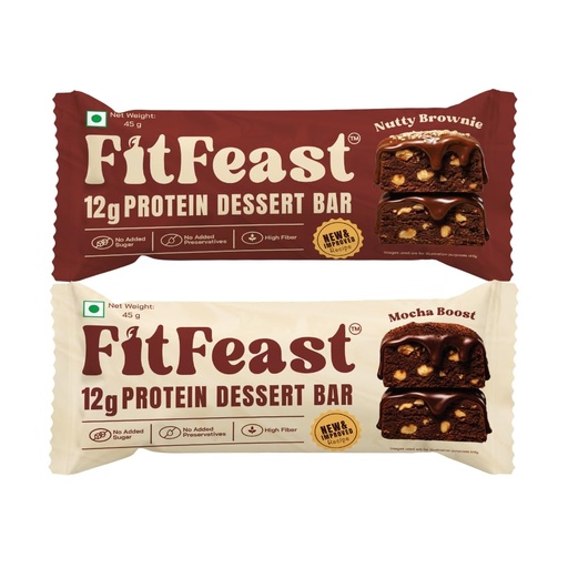 [BRSREYY6OUBBSGTA] FitFeast Dessert Protein Bar, Pack of 8 | 4 x Mocha Boost & 4 x Nutty Brownie | 12g Protein each | Zero Added Sugar & No Artificial Preservatives | 45g Bar | As Seen on Shark Tank
