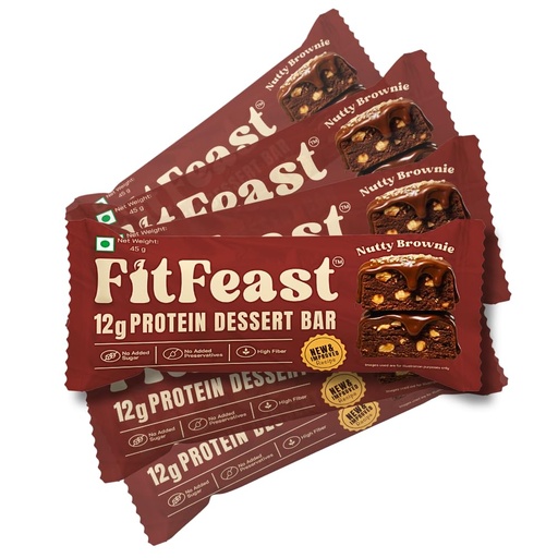 [BRSRACTYC5YWEFAU] FitFeast Nutty Brownie Dessert Protein Bar, Pack of 6 | 12g Protein per 45g Bar| Blended of Chocolate and Nuts Flavour | Zero Added Sugar & No Artificial Preservatives | As Seen on Shark Tank
