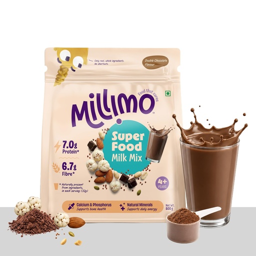 [BRSRYYIPAABAMDIU] Millimo SuperFood Milk Mix Double Chocolate | 7g Protein & 6.7g Fibre per Serving | Makhana, Almonds, Pumpkin Seeds, Peanuts & Ragi | No Refined Sugar | Kids Health Drink 4+ Years | 500g