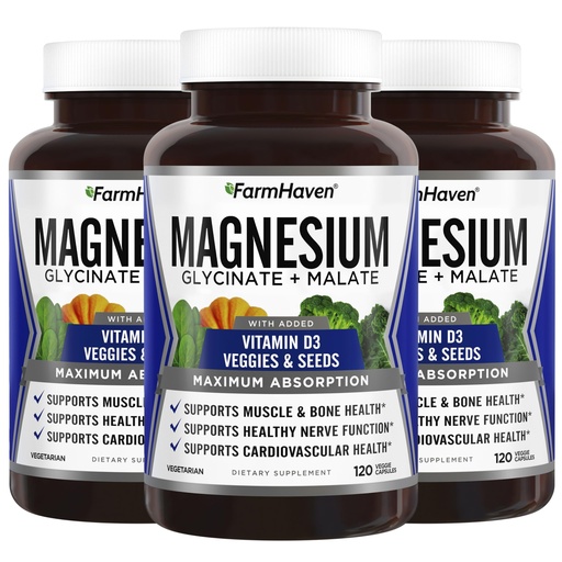 [BRSRM232CUIA2G3U] FarmHaven Magnesium Glycinate & Malate Complex w/Vitamin D3, 100% Chelated for Max Absorption, Vegan – Bone Health, Nerves, Muscles, 360 Capsules, 180 Days