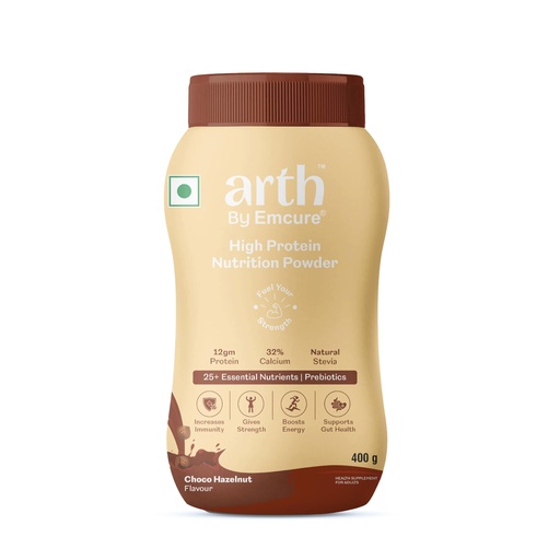 [BRSRGZI6PMCQKYLH] Arth High Protein Nutrition Powder | 12g Protein per day Serving | 25+ Essential Nutrients with Prebiotic | No Added Sugar | Supports Energy, Strength & Immunity | 400gm (Choco hazelnut Flavour)