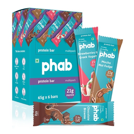 [BRSWYZQTOYDRG2QY] Phab Variety Pack Protein Bars with 21g Protein & No Added Sugar | High Fibre, Gluten-Free, Trans Fat-Free & No Preservatives | Healthy & Delicious With Goodness Of Dates (Pack of 6)