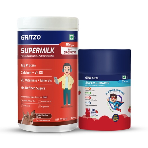 [BRSRAAYCCVYWKF3A] Gritzo SuperMilk Growth (13+ Boy), 400g + Multivitamin Gummies