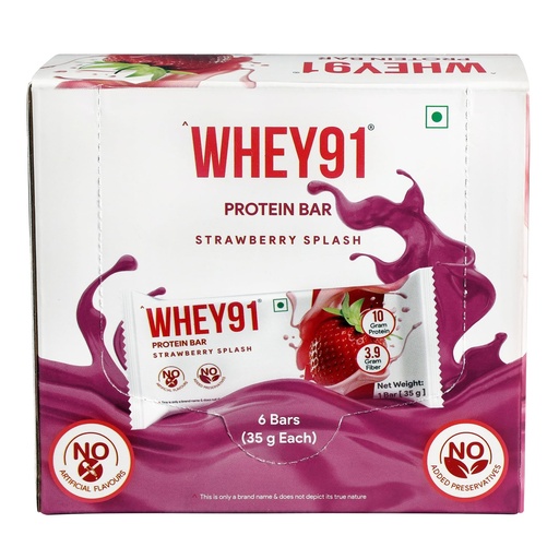 [BRSRGAYQCQDQ2CTK] Whey91 Strawberry Splash Protein Bar, 10g Protein & 3.9g Fiber in each, No Added Preservatives, No Artificial Flavours, 210g- (Pack of 6)