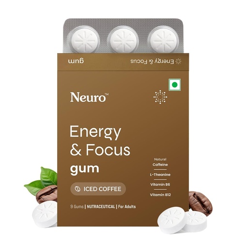 [BRSRYEAKOAJWYG3A] Neuro Energy & Focus Gums - Iced Coffee | Quick Energy Boost & Enhanced Focus | Natural Caffeine + 60 mg L-Theanine + Vitamin B6 & B12 | No Added Sugar | Aspartame Free | 90 Gums