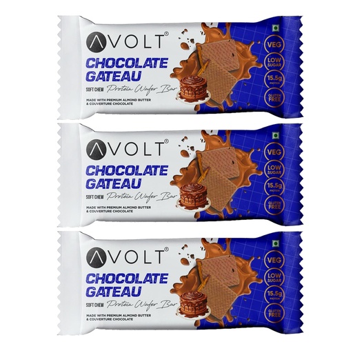 [BRSRGBL3CQCBMH3F] Avolt Chocolate Gateau Protein Bars with 15.5g Protein | Pack of 3 x 50g each | High Energy Wafer Bars, No Added Sugar, Guilt-Free, Blend of Almond Paste, Fibre and Multigrains for Fitness & Immunity Booster