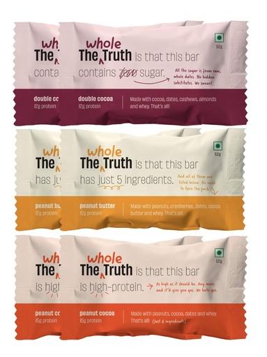 [BRSWYGIRCQIQE3LU] The Whole Truth - Protein Bars | Peanut Heavy (2 Double Cocoa Bars, 2 Peanut Cocoa, 2 Peanut Butter Bars) | Pack of 6 x 52g each | No Preservatives | No Gluten or Soy | All Natural