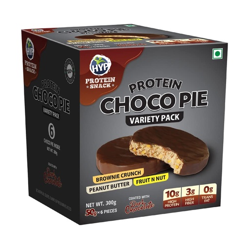 [BRSW2AINOQHBOH3K] HYP Protein Choco Pie Variety Pack - Brownie Crunch, Peanut Butter, Fruit N Nut - Pack of 6 pcs