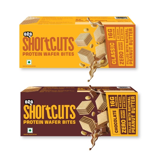 [BRSROCQHA57AAYD7] BRB Shortcuts - Protein Wafer Bites | Classic & Chocolate Flavour | 16g Protein | Filled With Natural Peanut Butter | Zero Refined Sugar, No Palm Oil, Healthy Snack | 2 x 100g Combo Box