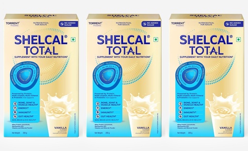[BRSRGGIOAB6GGGT6] Shelcal Total - Powered by Protein, Multi-Vitamin, Multi-Mineral & Prebiotic supports Bone, Joint & Muscle, Immunity, Gut Health and more - No Added Sugar (Vanilla) 200g - By Torrent Pharma, Pack of 3