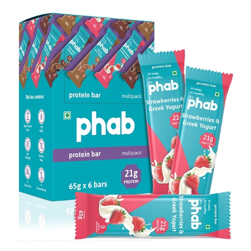 [BRSWYZQQC4HRUCDF] Phab Starwberries & Greek Yogurt Protein Bars with 21g Protein, No Added Sugar | High Fibre, No Trans Fat & No Preservatives (Pack of 6)