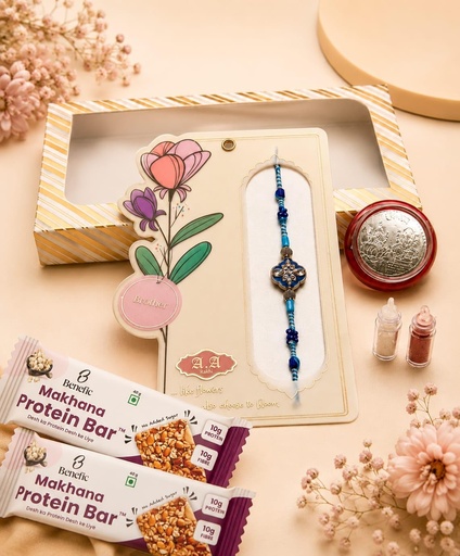 [BRSRYZL4CB6RY2Q7] Benefic Rakhi Gift Set with 1 Special Rakhi, 2 Makhana Protein Bars, 1- Roli & Akshat, and 1 Silver Plated Coin | Best Gift Set for Rakhi (No. 12)