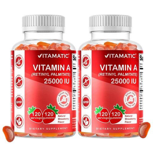 [BRSROCYRAQMBYH3U] Vitamatic Sugar Free Vitamin A 25000 IU Gummies (Retinyl Palmitate) - Natural Strawberry Flavor - 120 Pectin Based Gummies (2 Bottles)
