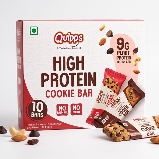 [BRSREYD2DEAROYD7] Quipps High Protein Cookie Bars | 25% Protein Multigrain Healthy Energy & Hunger Bar | Fruit & Nut & Choco Chip Healthy Energy Snack Bar | Vegetarian Protein Biscuit for Gym, Fitness & Breakfast | 35g Each x Combo Pack of 10