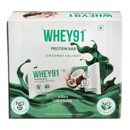 [BRSRGAYQOQNAIE3G] Whey91 Coconut Delight Protein Bar, 10g Protein & 3.2g Fiber in each, No Added Preservatives, No Artificial Flavours, 210g- (Pack of 6)