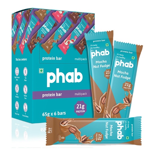[BRSWYZQQDF7A4CDP] Phab 21G Mocha Nut Fudge Protein Bar | 8G High Fiber | Pea & Whey Protein Isolate, No Preservatives, 100% Veg Protein Bar| Gluten-Free Protein Bars For Fitness, Energy & Immunity (Pack of 6)